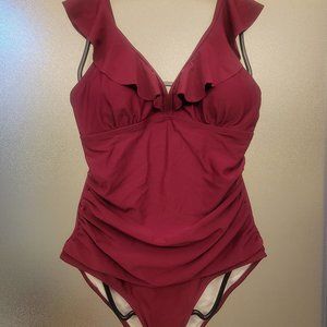 Ininsani Wine V-Neck Ruffle One-Piece Tummy Control Swimsuit - NWT - Size Small